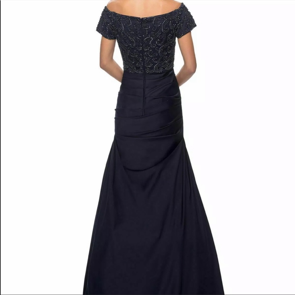 La Femme 25996 Navy Beaded Off the Shoulder Gown 0